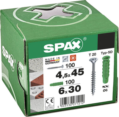 Bouchons Spax type SD 6 x 30 mm + vis universelle, 4,5 x 45 mm, tête fraisée, filetage partiel, t-star plus t20, wirox, 100 + 100 pièces - 5000001200015
