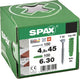 Bouchons Spax type SD 6 x 30 mm + vis universelle, 4,5 x 45 mm, tête fraisée, filetage partiel, t-star plus t20, wirox, 100 + 100 pièces - 5000001200015