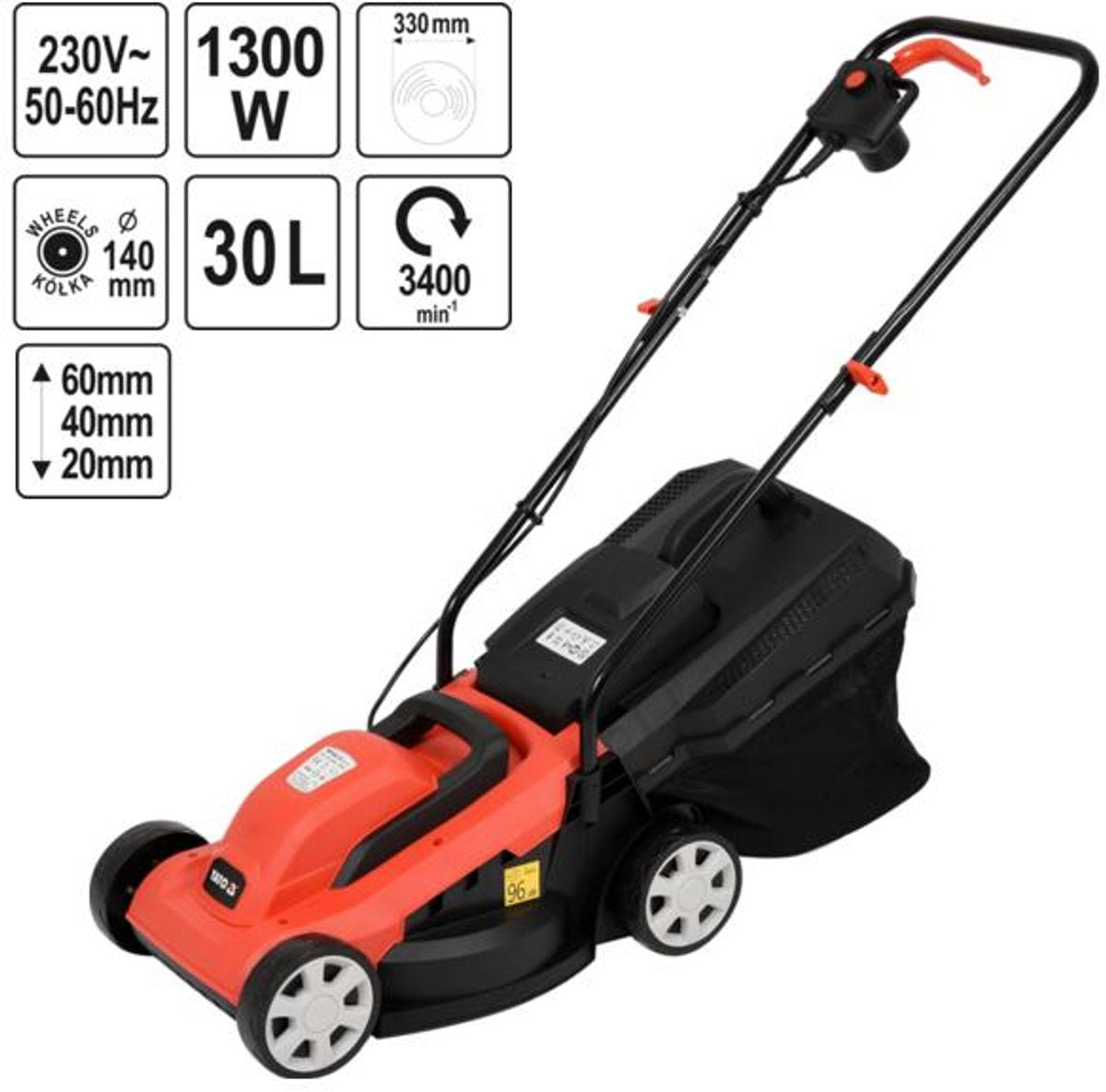 Tondeuse à gazon électrique Yato 1300w - 33 cm - 30l - réglable en hauteur