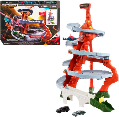 Matchbox l'hélicoptère du film s'échappe dans les montagnes, coffret de jeu avec 2 petites voitures et 1 hélicoptère