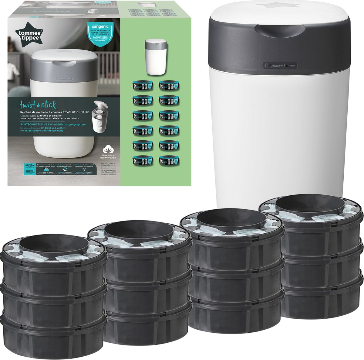 Tommee tippee twist click seau à couches starter set - 12 recharges - blanc