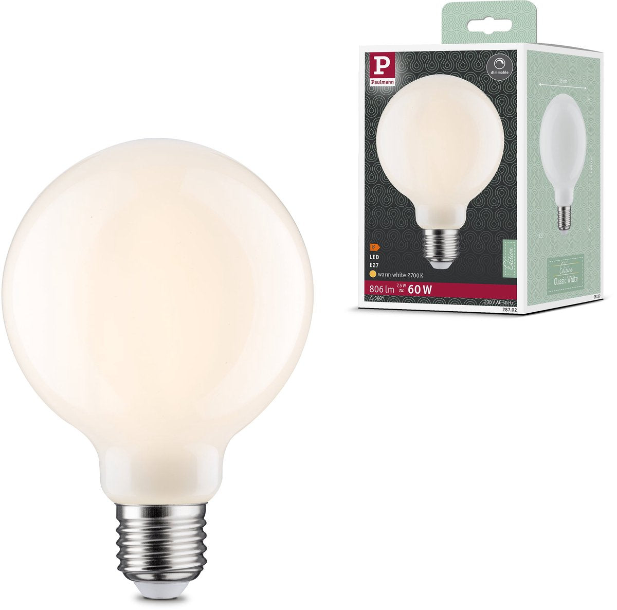 Paulmann filament 230 v led globe g95 e27 806lm 7,5w 2700k dimmable opale