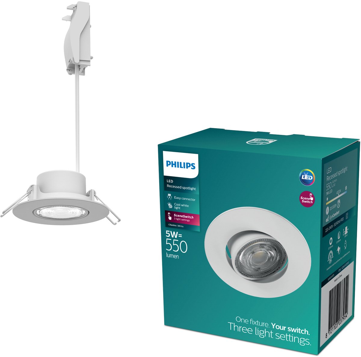 Spot encastrable Philips coriandre - technologie d'éclairage à interrupteur de scène - 5w - lumière blanc froid : 4000k - blanc