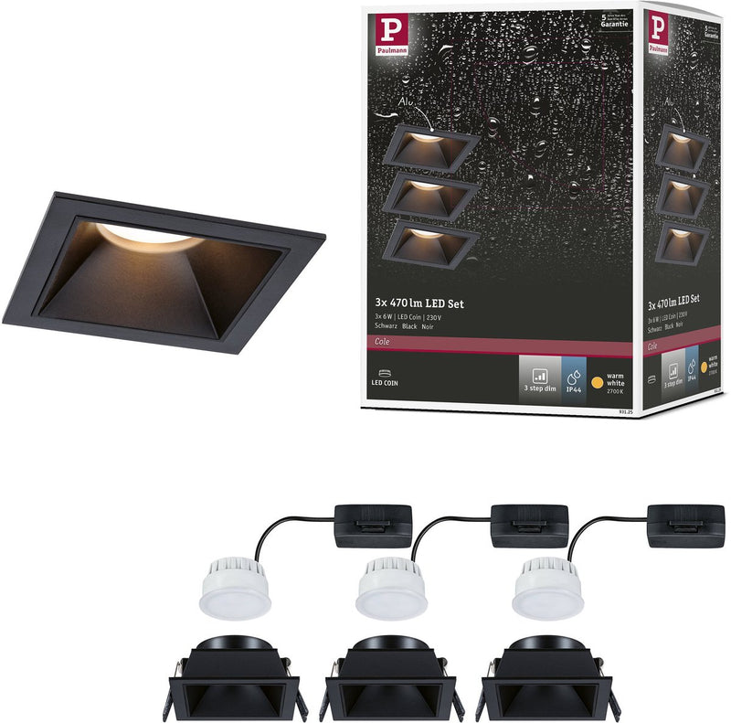 Paulmann lampe encastrable LED 3-step-dim cole coin lot de 3 ip44 angulaire 88x88 mm coin 3x6w 3x470lm 230v dimmable 2700k noir