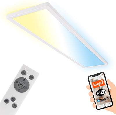 Plafonnier LED intelligent Briloner tava - via application et commande vocale - avec télécommande - dimmable - lumière indirecte - 98 x 20 x 3 cm - blanc