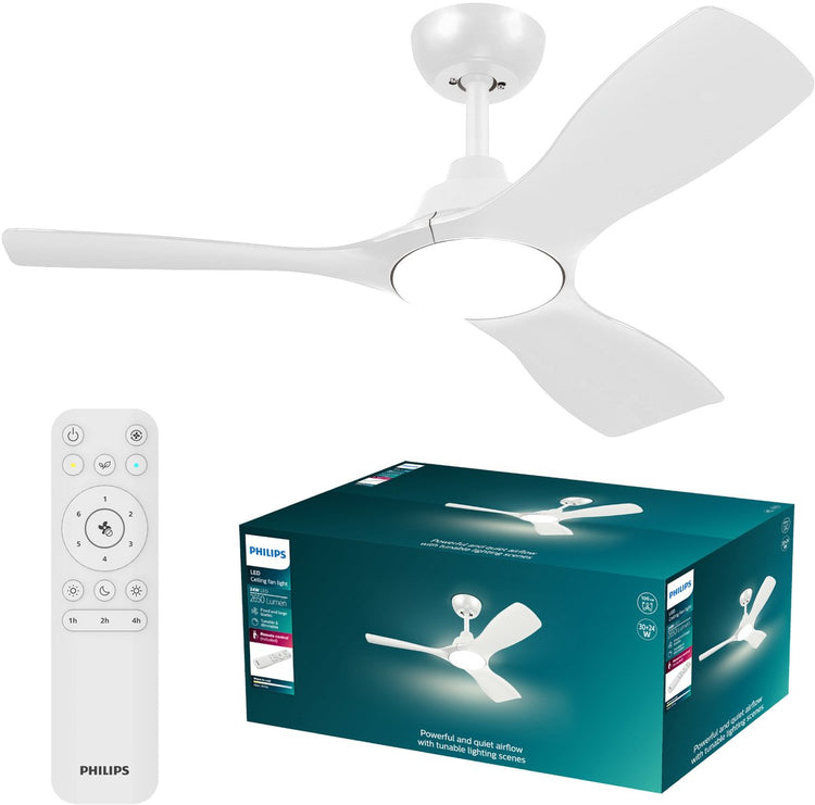 Philips LED Ventilateur Philips Olas avec lampe LED - diamètre : 106 cm - lumière blanche réglable de 3000k à 6500k - dimmable jusqu'à 5% - télécommande incluse - 2650 lumen - blanc