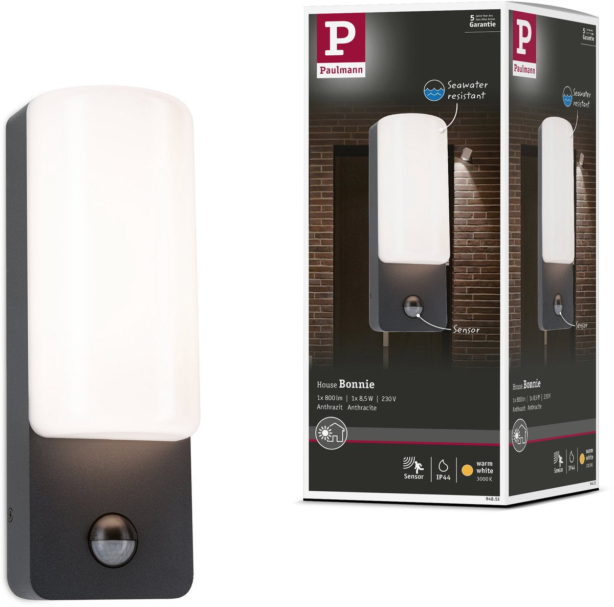 Paulmann applique murale LED d'extérieur Bonnie détecteur de mouvement crépusculaire (IR) IP44 93x263 mm 3000K 8,5W 560LM 230V aluminium anthracite