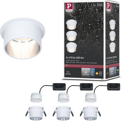 Paulmann lampe à encastrer LED 3 niveaux Gil Coin set de base IP44 rond 68 mm coin 3x6W 3x470lm 230V dimmable 2700K blanc mat, acier brossé