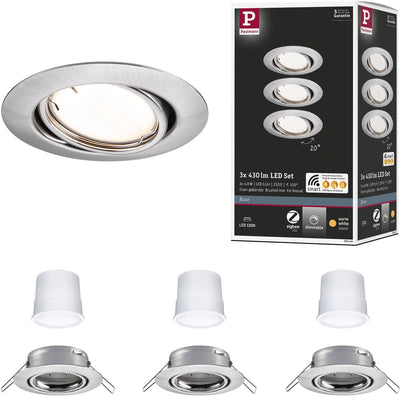 Paulmann Lampe encastrable LED smart home Zigbee 3.0 base coin base set orientable rond 90 mm 20° coin 3x4,9w 3x430lm 230v dimmable 3000k acier brossé