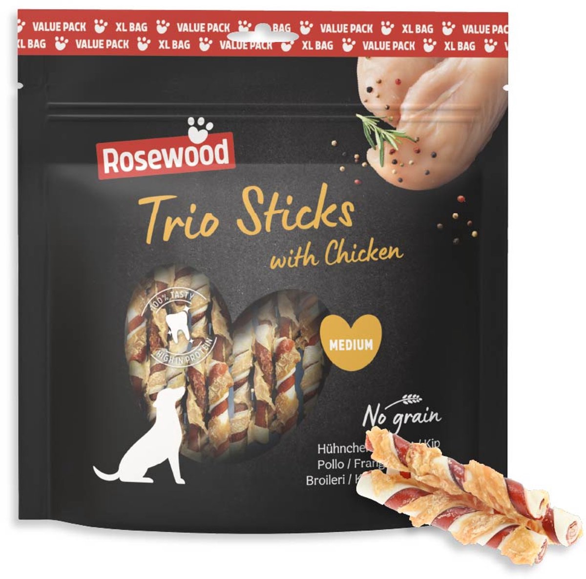 Trio de bâtonnets de palissandre pour chien - bâtonnets à mâcher fermes en peau de vache - pack économique 450 g - sans céréales - sans additifs artificiels