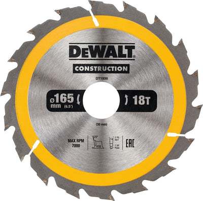 Lame de scie circulaire Dewalt pour le bois | construction | ø 165mm trou d'axe 30mm 18t - dt1936-qz