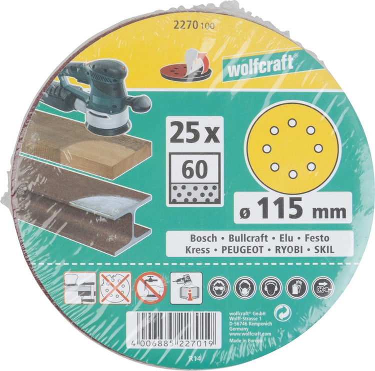 Wolfcraft - papier de verre grain 60 - 115 mm - 25 pièces - pour ponceuses - Fixation Velcro - 2270100