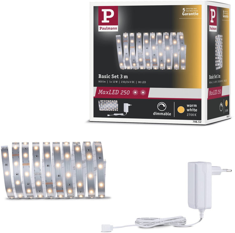 Paulmann maxled 250 bande led set de base 3m 2700k 3m 12w 300lm m 30 leds m 2700k 24va