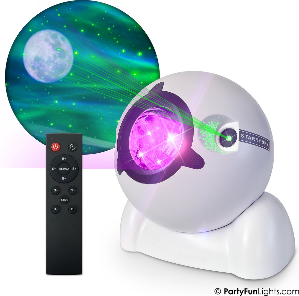 Partyfunlights - lampe projecteur d'aurores boréales, de lune et d'étoiles - fonctionne sur USB - incl. Câble USB - inclus. télécommande - blanche