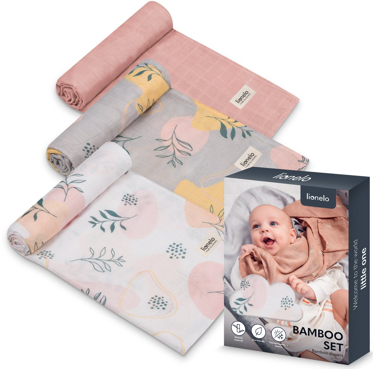 Ensemble Lionelo bambou - Couches 100% coton bambou - lot de 3 pièces - 70 x 70 cm - hypoallergénique - antibactérien - thermorégulateur - respirant doux - multicolore - lavable - dès la naissance
