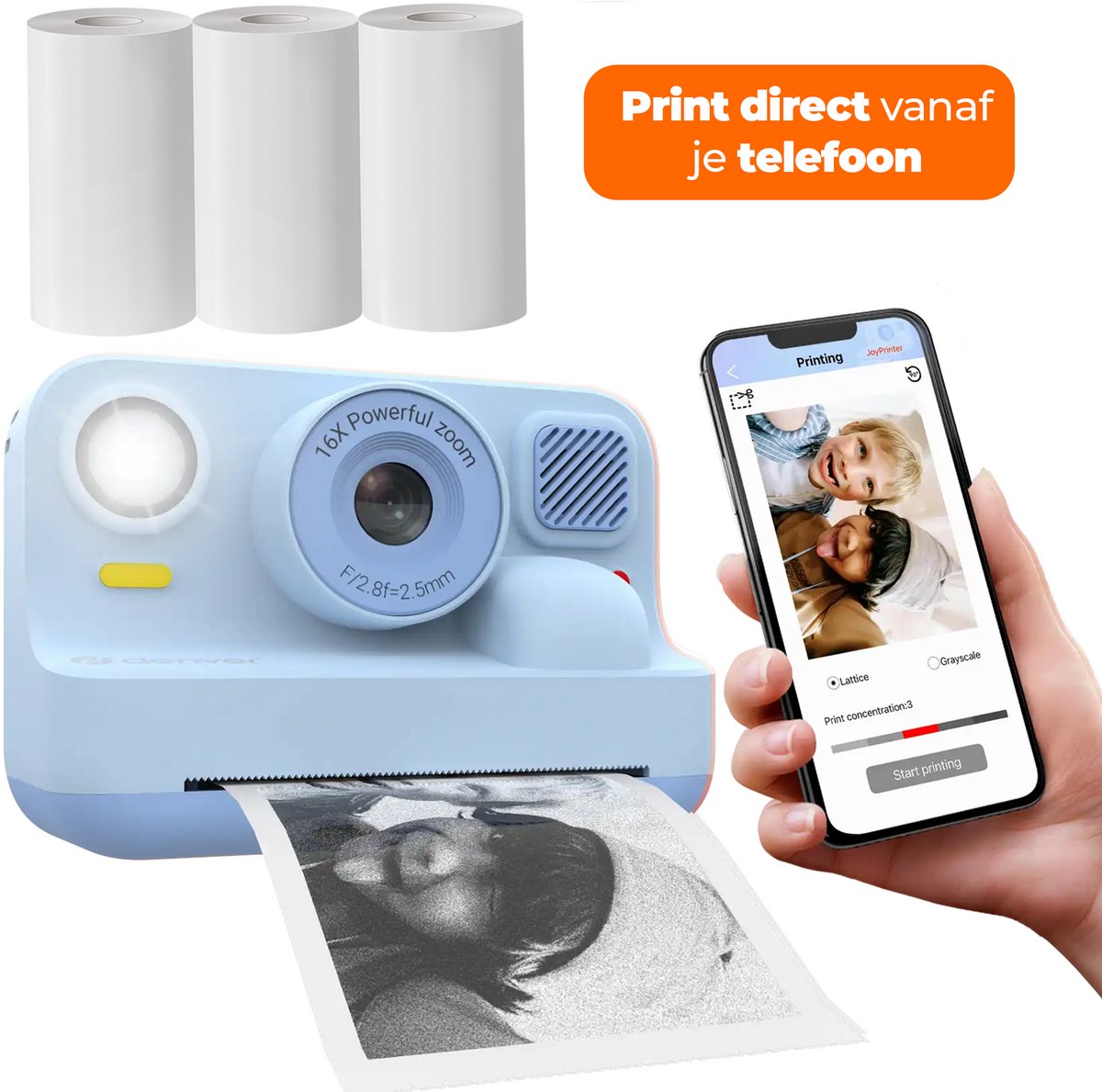Appareil photo pour enfants Denver Full HD avec imprimante - caméra selfie - 48mp - appareil photo numérique enfants - imprimante Bluetooth - photo vidéo - kpc1374btbu - bleu