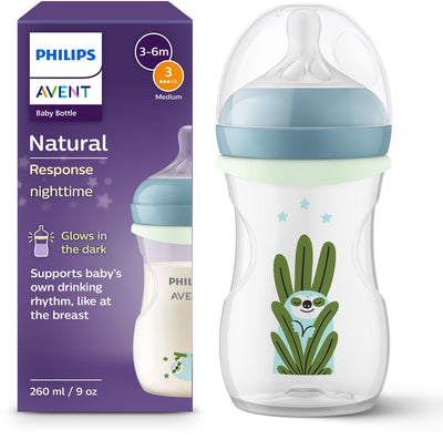 Biberon de nuit Philips avent natural réponse 260 ml - débit 3 - anti-crampes - biberon phosphorescent - scy903 81