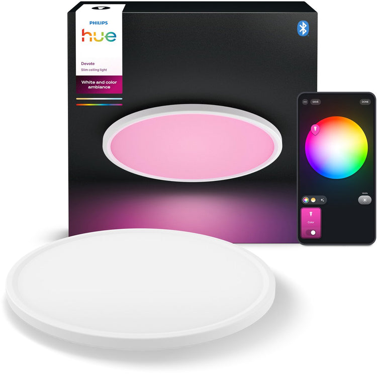 Plafonnier minimaliste Philips Hue Hue Devout avec répartition uniforme de la lumière ⌀42,1 cm jusqu'à 2900 lumens plastique blanc mat