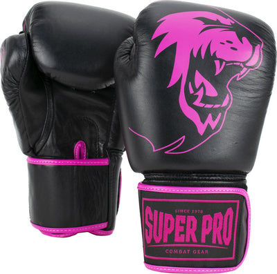 Gants de boxe en cuir Super Pro Combat Gear Warrior (kick) noir rose 12oz