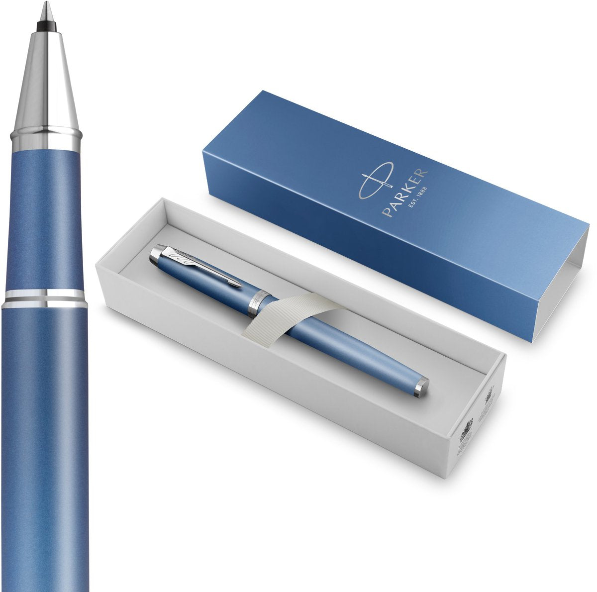 Parker j’écris des rituels stylo roller | finition bleue apaisante avec dégradé de couleurs et détails chromés | plume fine | encre noire | emballage cadeau
