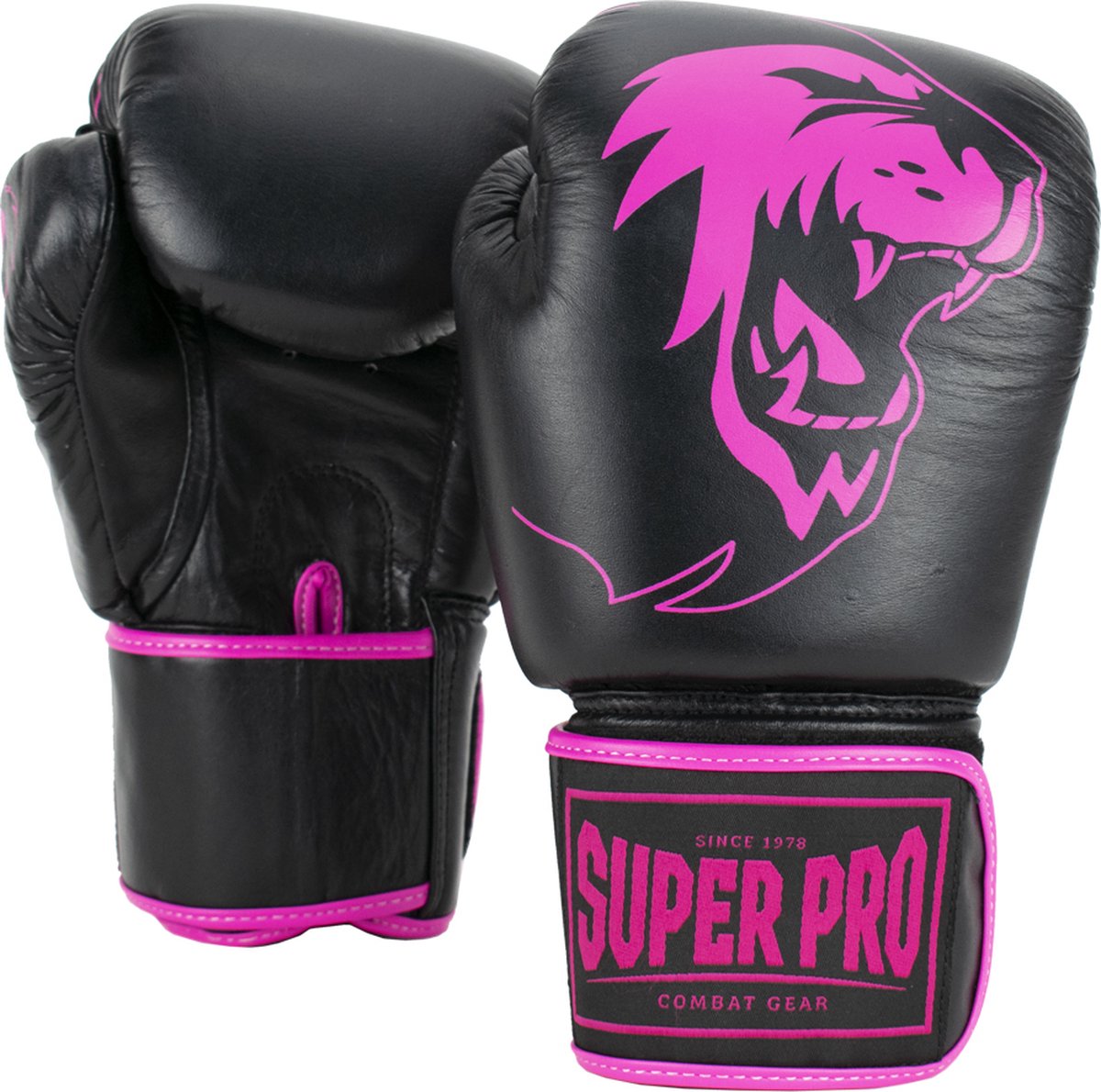 Gants de boxe en cuir Super Pro Combat Gear Warrior (kick) noir rose 14oz