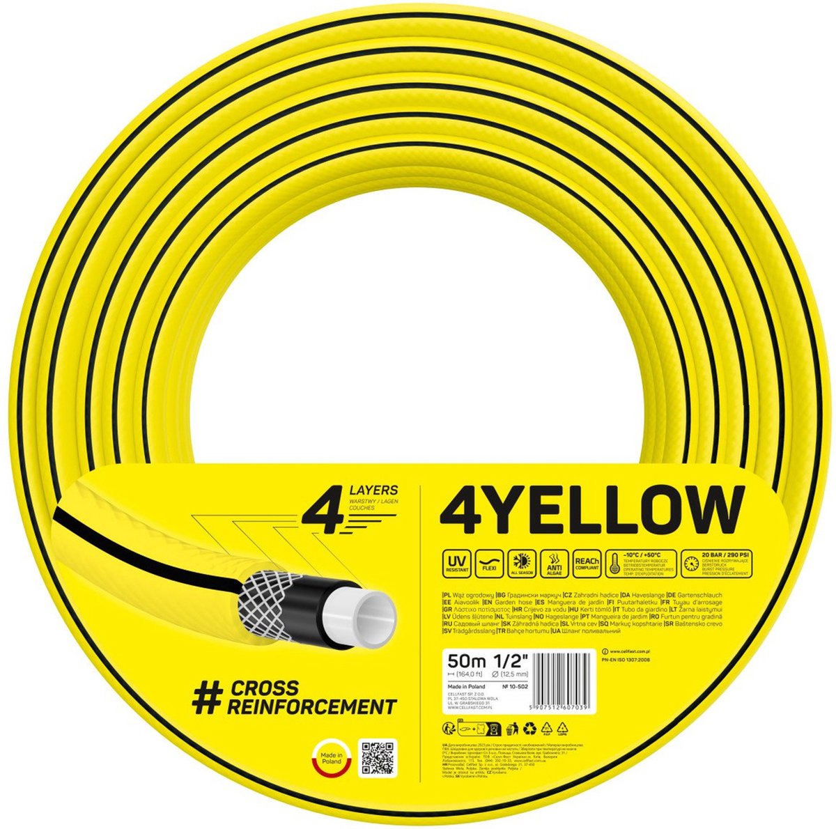 Cellfast - 4tuyau d'arrosage jaune 1 2 50m - 20bar - 4 couches