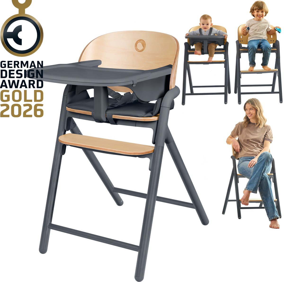 Chaise haute en bois 3 en 1 Lionelo Celia - du bébé à l'adulte - repose-pieds réglable - ceinture 5 points - revêtement en éco-cuir - avec plateau d'alimentation pour bébé - capacité de charge jusqu'à 110 kg