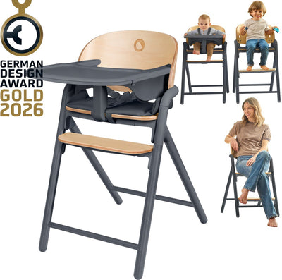 Chaise haute en bois 3 en 1 Lionelo Celia - du bébé à l'adulte - repose-pieds réglable - ceinture 5 points - revêtement en éco-cuir - avec plateau d'alimentation pour bébé - capacité de charge jusqu'à 110 kg