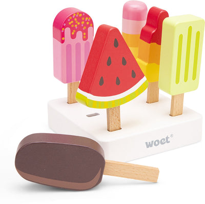 Woet ® Jouets de glace en bois - Glaces colorées 6 pièces avec support - Nourriture pour jouets - Jeu de rôle Stand de glaces pour jouets de cuisine - À partir de 2 ans