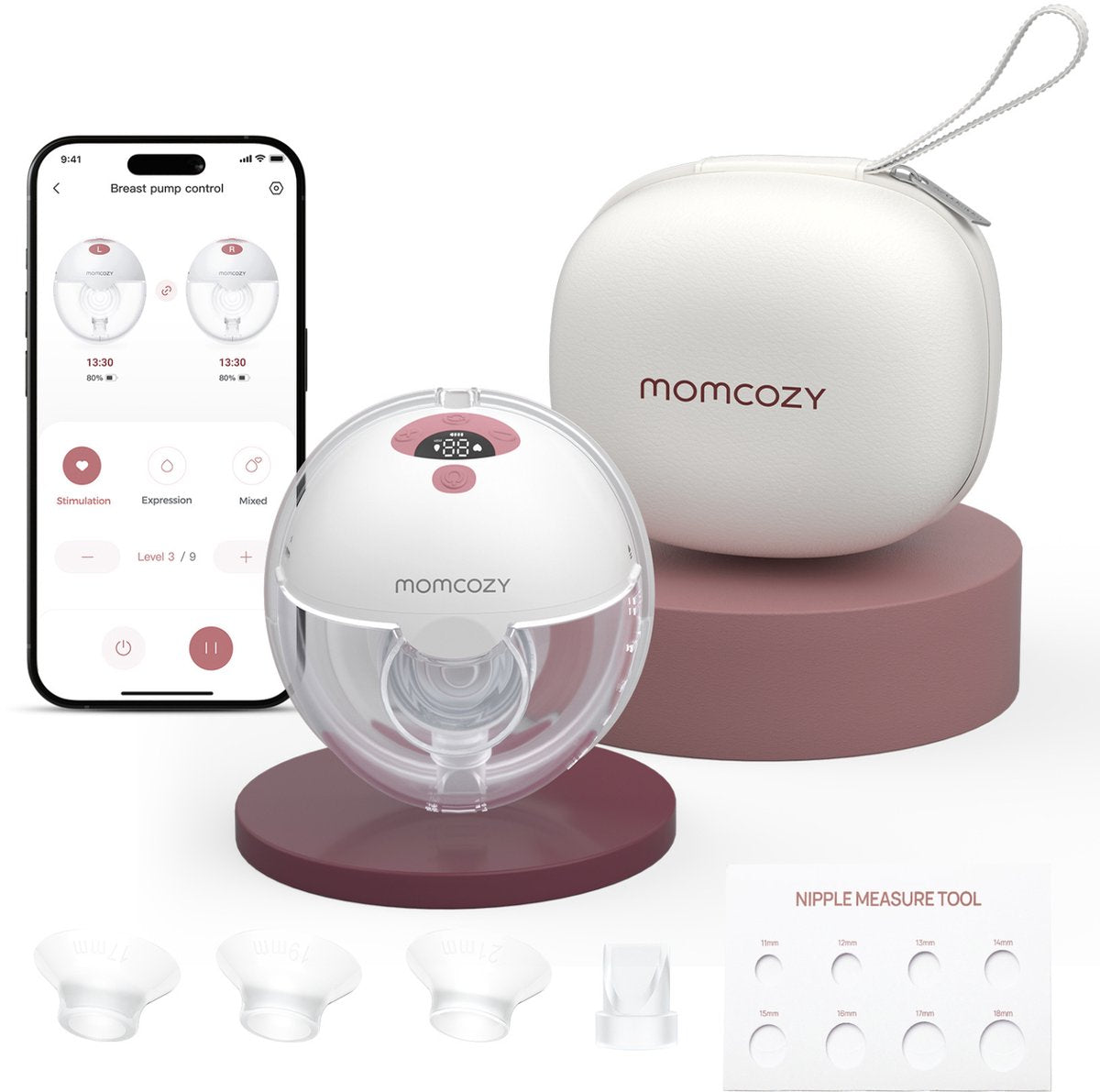 Momcozy m5 smart – tire-lait mains libres – 1 pièce – électrique – silencieux compact – avec inserts de téterelle – blanc rouge