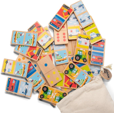 Woet ® jeu de dominos en bois avec véhicules - jeux pour enfants - fsc - avec sac de rangement - jouets éducatifs - à partir de 2 ans