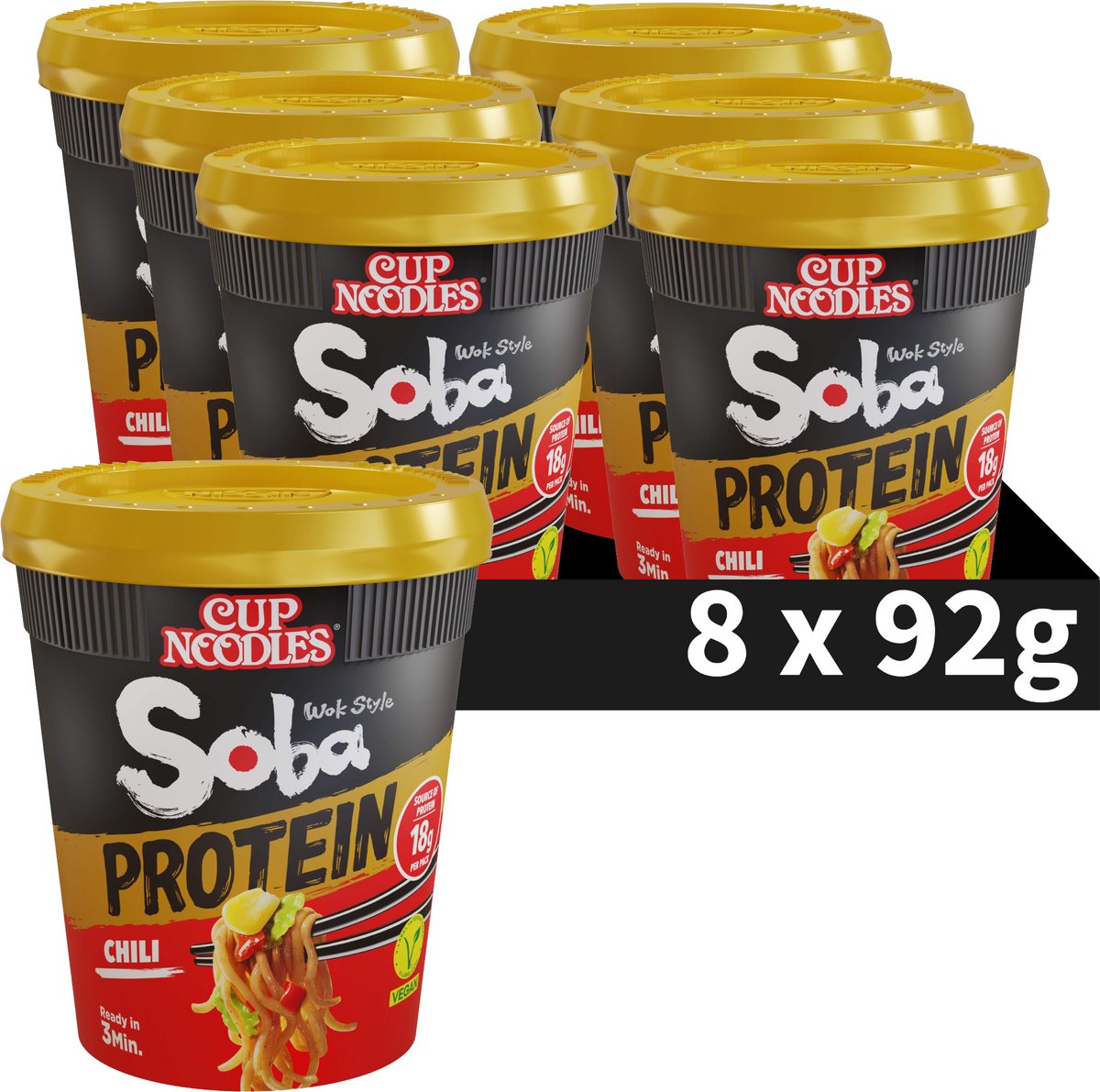Nissin Soba Cup Noodles Protein - Nouilles style wok au chili avec protéines - Nouilles instantanées - 8 pièces