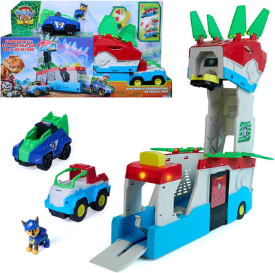Paw Patrol - The Dino Movie - Quartier général mobile Dino, ensemble de jeu de quartier général transformable 2 en 1 de 55,8 cm avec lumières et sons, comprend une figurine d'action Chase et 2 véhicules pour passer à l'action