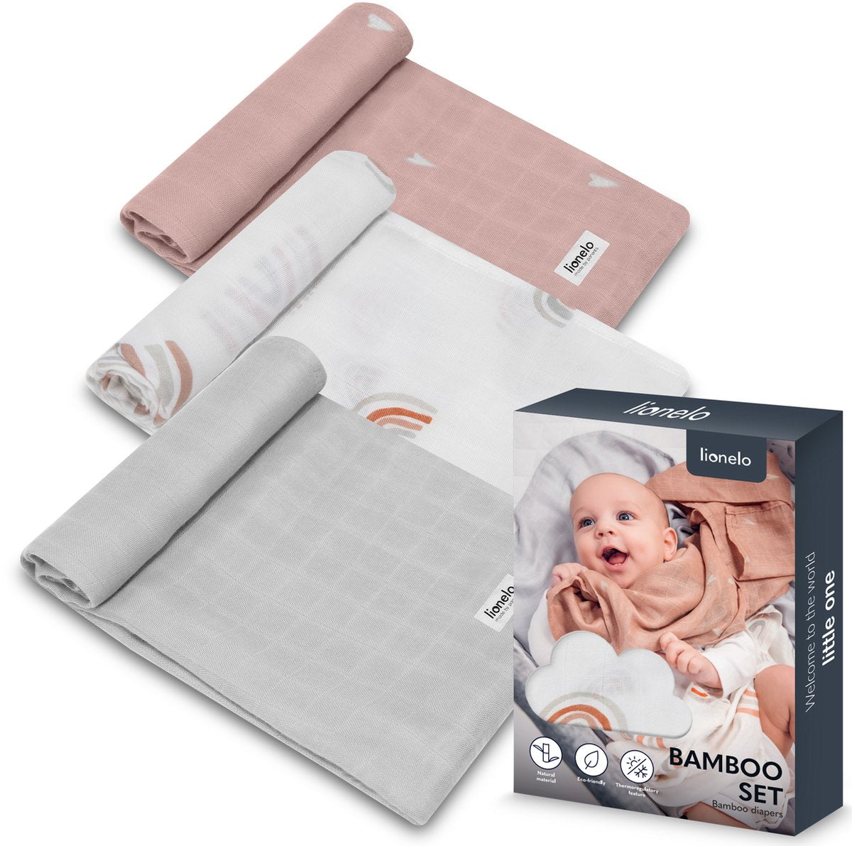 Ensemble Lionelo bambou - Couches 100% coton bambou - lot de 3 pièces - 70 x 70 cm - hypoallergénique - antibactérien - thermorégulateur - respirant doux - multicolore - lavable - dès la naissance
