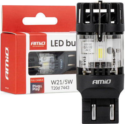 Lampe LED Amio Lumitec T20D 7443 W21 5W 12V Full Canbus – remplacement LED double filament blanc (1 pièce)