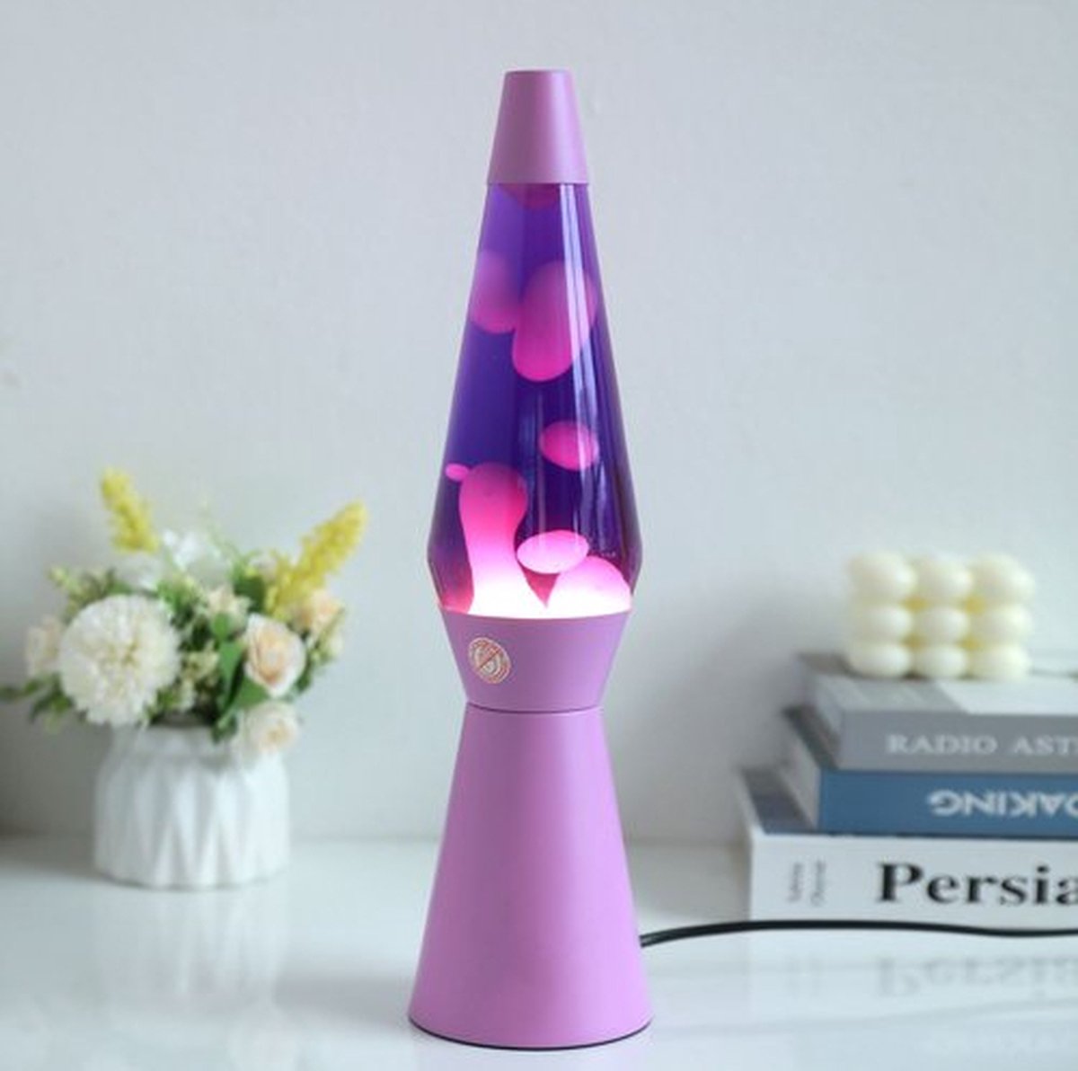 Lampe à lave I-total - lampe à lave - lampe d'ambiance - 40x11 cm - verre aluminium - 30w - violet avec lave rose - socle violet - xl2940