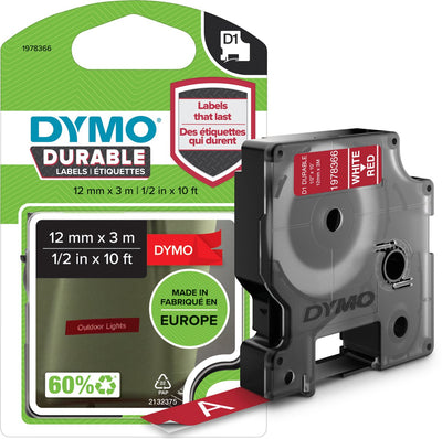 Étiquettes durables Dymo originales d1 | texte blanc sur étiquette rouge | 12 mm x 3 m | étiquettes autocollantes pour l'imprimante d'étiquettes Label Manager | fabriqué en europe