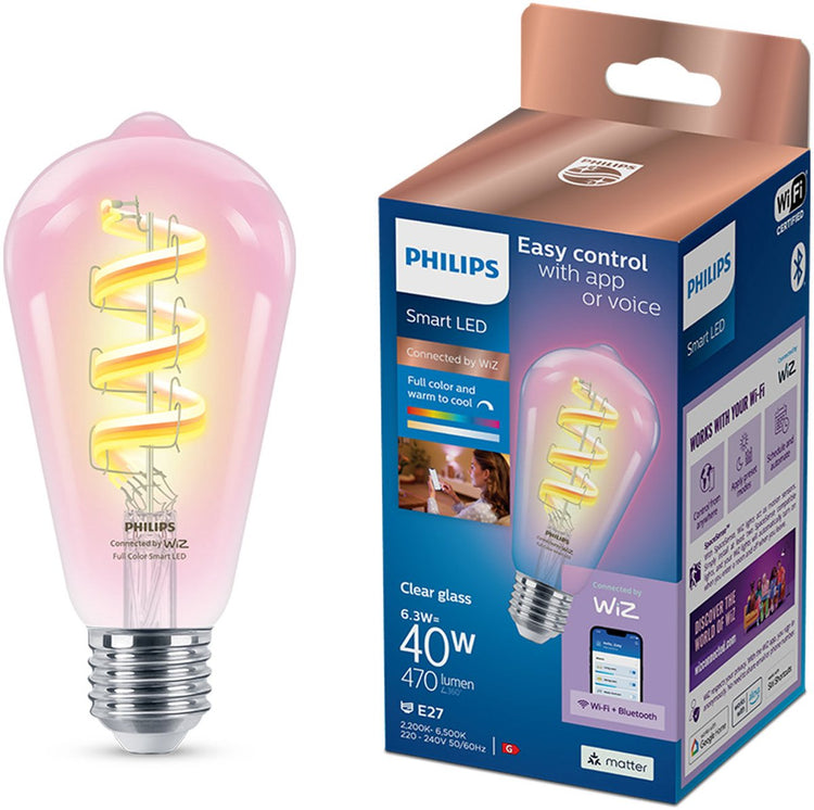 Éclairage intelligent Philips - filament edison - éclairage LED intelligent - lumière colorée et blanche - e27 - transparent - 40w - wi-fi