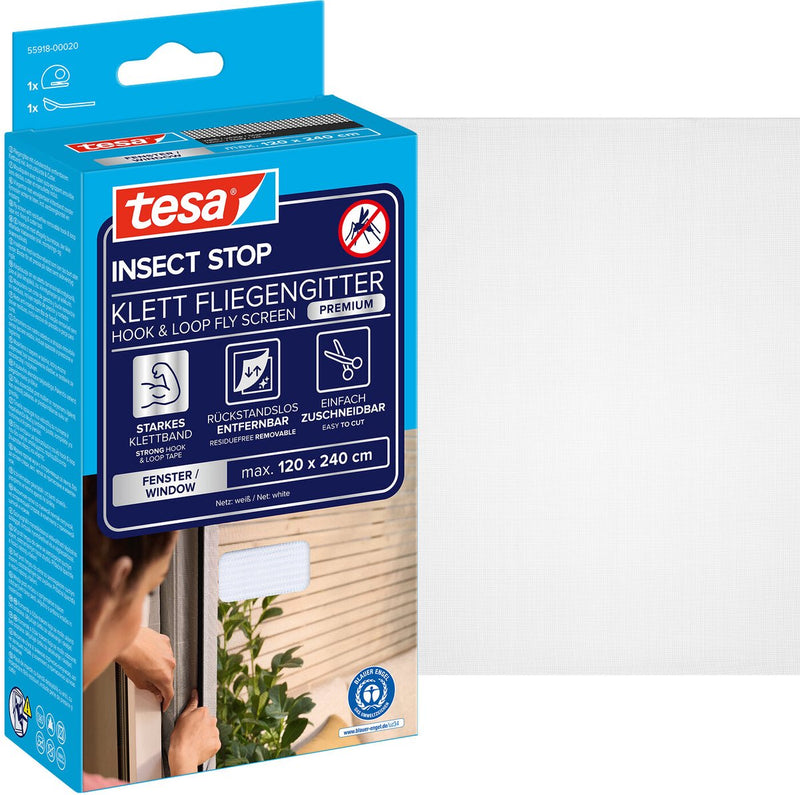 Tesa Insect Stop H L Moustiquaire Premium pour fenêtres - Moustiquaire avec Velcro résistant, amovible sans laisser de traces, découpée sur mesure - 120 x 240 cm - Blanc (intimité légère)
