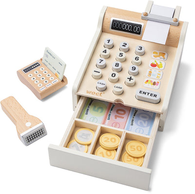 Caisse enregistreuse jouet en bois Woet ® - caisse enregistreuse comprenant scanner, machine à épingles et argent - magasin de jeux de rôle - jouets éducatifs - à partir de 3 ans