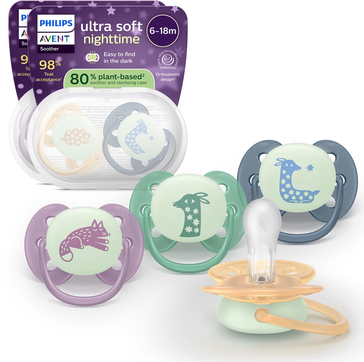 Philips avent ultra soft nighttime - 6 à 18 mois - sucette qui brille dans le noir - pack de 4 - scf094 08