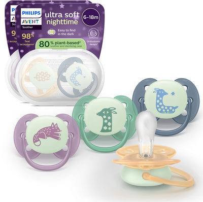 Philips avent ultra soft nighttime - 6 à 18 mois - sucette qui brille dans le noir - pack de 4 - scf094 08