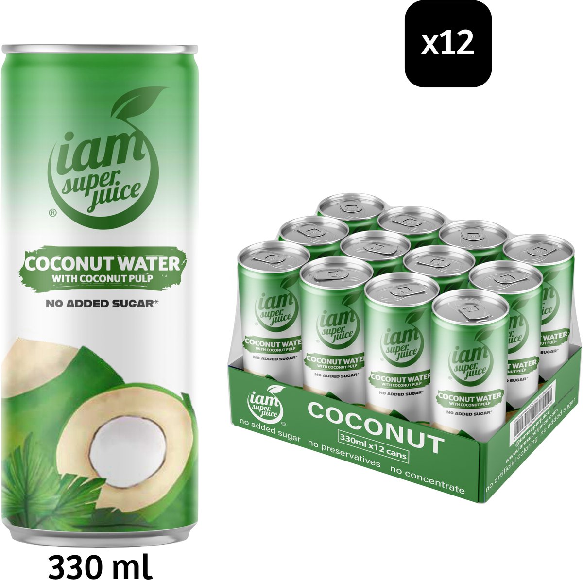 I am superjuice eau de coco 12x0,33l - - 100% pure eau de coco - sans : sucres ajoutés, édulcorants, conservateurs, concentrés, colorants ou autres additifs - 100% pure naturelle - boisson à la noix de coco