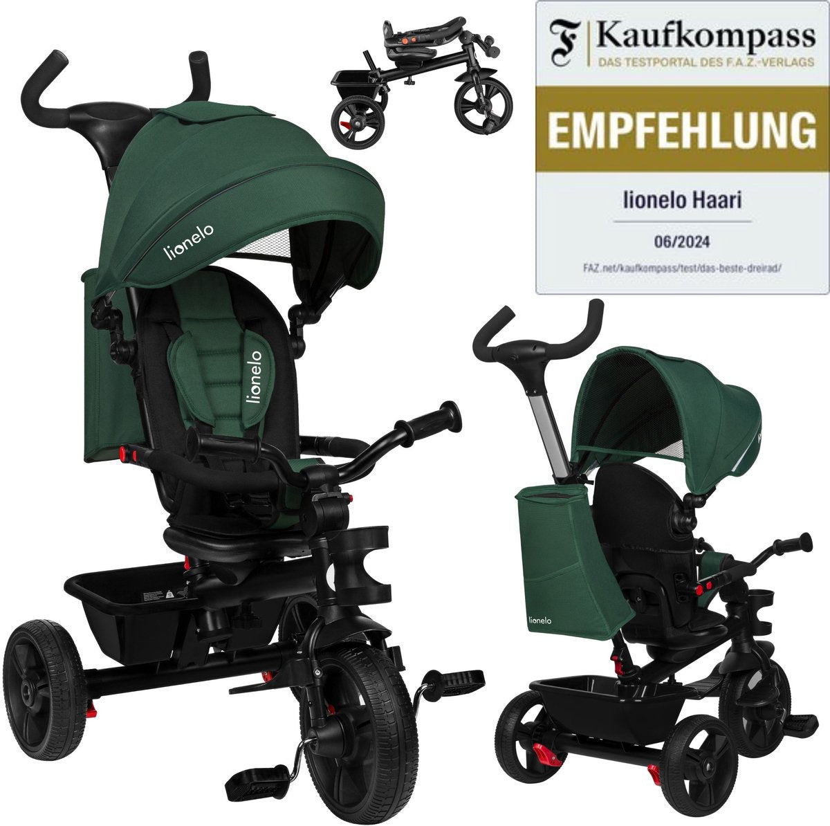 Lionelo haari - tricycle - porte-gobelet - 2en1 - siège pivotant - roues en caoutchouc sans entretien - roue libre - barre coulissante pour parents - auvent - panier et sac - porte-gobelet - grandit avec vous - de 18 mois à 25 kg