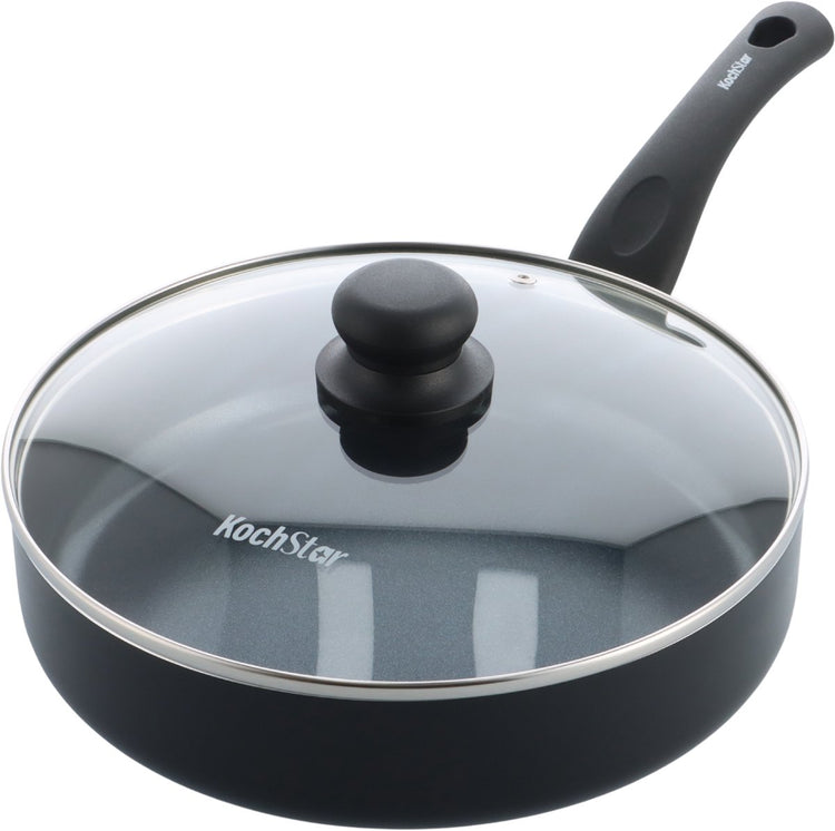 Kochstar Essenz sauteuse en céramique avec couvercle - 26 cm - 3 l - sans PFAS - sauteuse induction - poêle induction - revêtement antiadhésif céramique - poignée de refroidissement - passe au four jusqu'à 130° C - noir