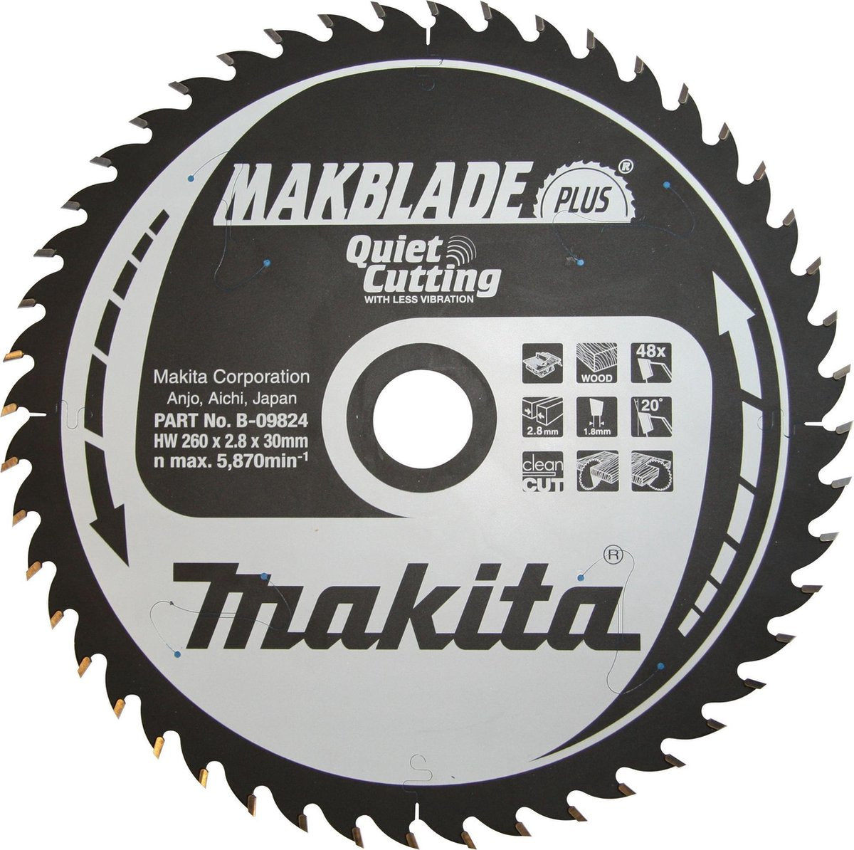 Lame de scie circulaire Makita pour le bois | makblade-plus | ø 260mm trou d'axe 30mm 48t - b-09824