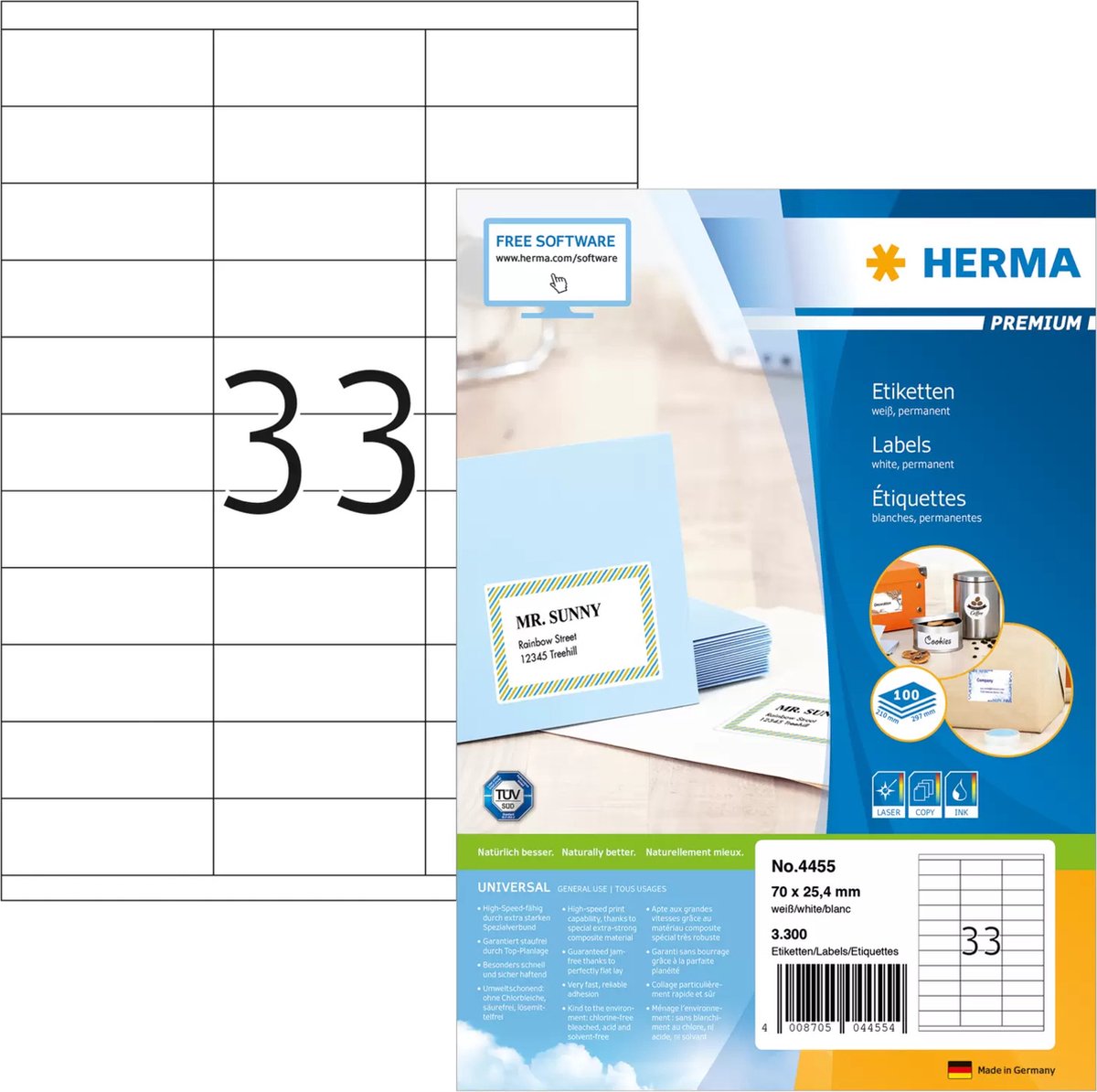 Étiquettes Herma premium 70x25,4 100 feuilles DIN A4 3300 pièces 4455