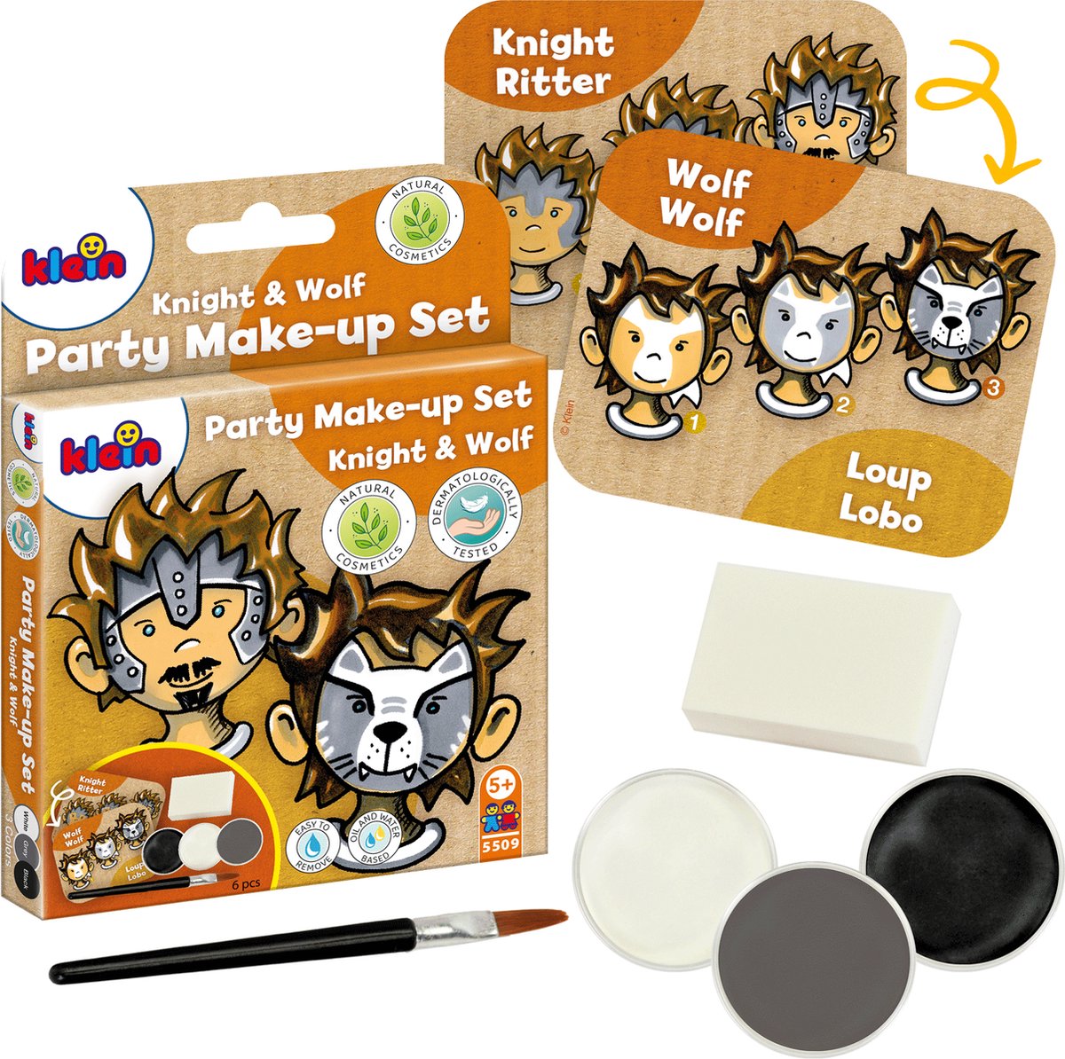 Klein Toys - set de maquillage 'chevalier-loup' - trois tablettes de peinture en noir, gris et blanc - certifié ISO 16128