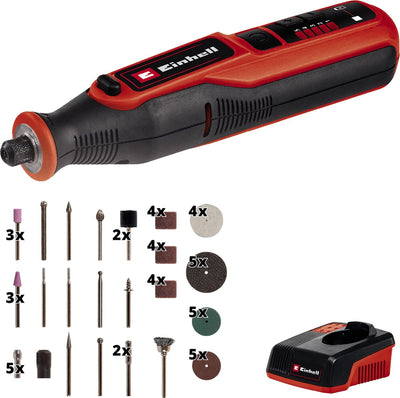 Outil multifonction rotatif sans fil Einhell - 7,2 v 1,5 ah li-ion - 5 500-26 000 t min - plage de serrage : 1,6-3,2 mm - max. diamètre des attaches : ø32 mm - max. longueur de fixation : 18 mm - incl. station de recharge + set d'accessoires 57 pièces
