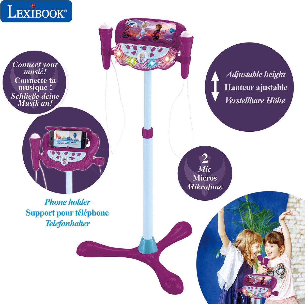 Pied réglable Lexibook Frozen avec 2 microphones avec effets vocaux, éclairage, haut-parleur, Bluetooth